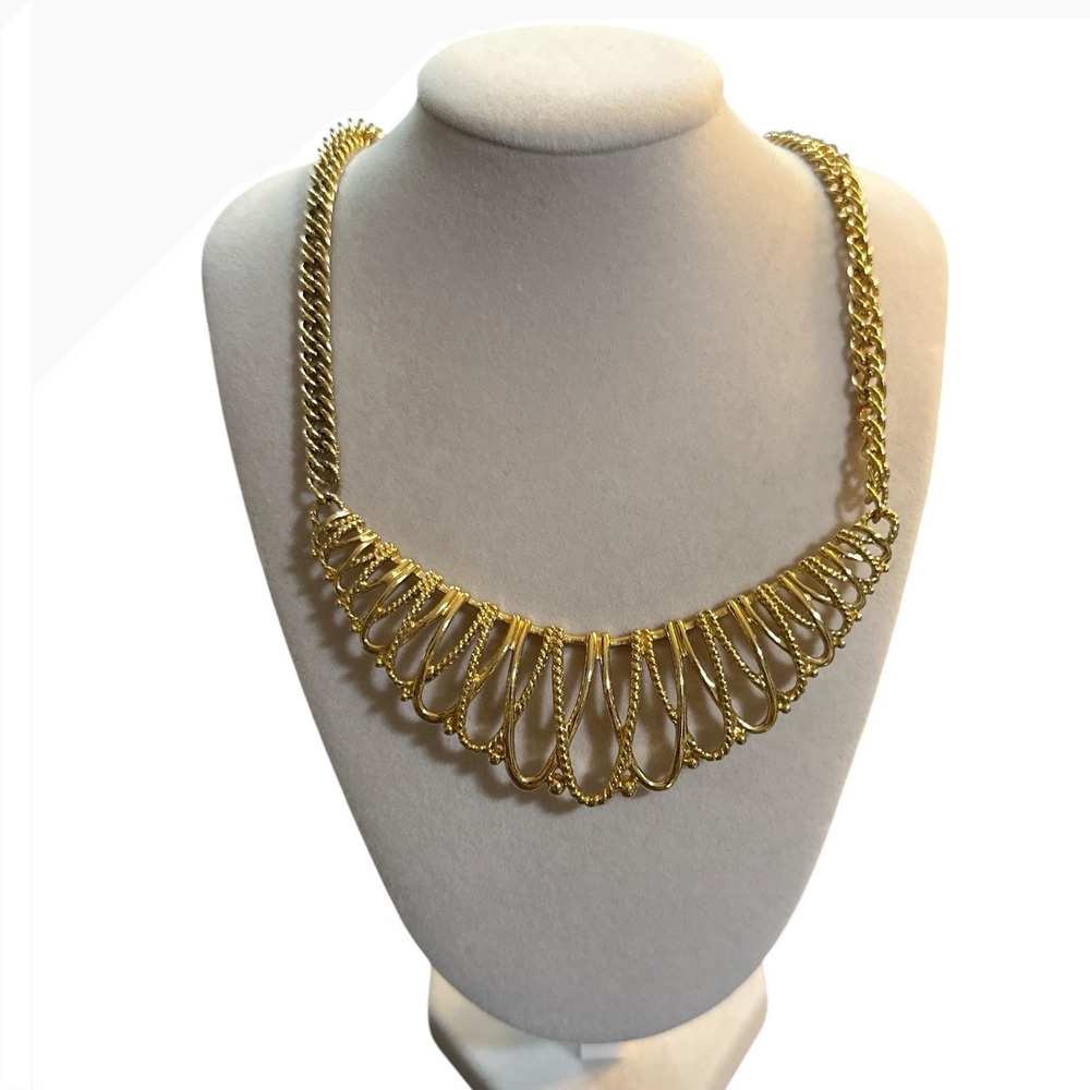 Vintage Avon Gold Tone Mesh Bib Necklace Double Curb Chain